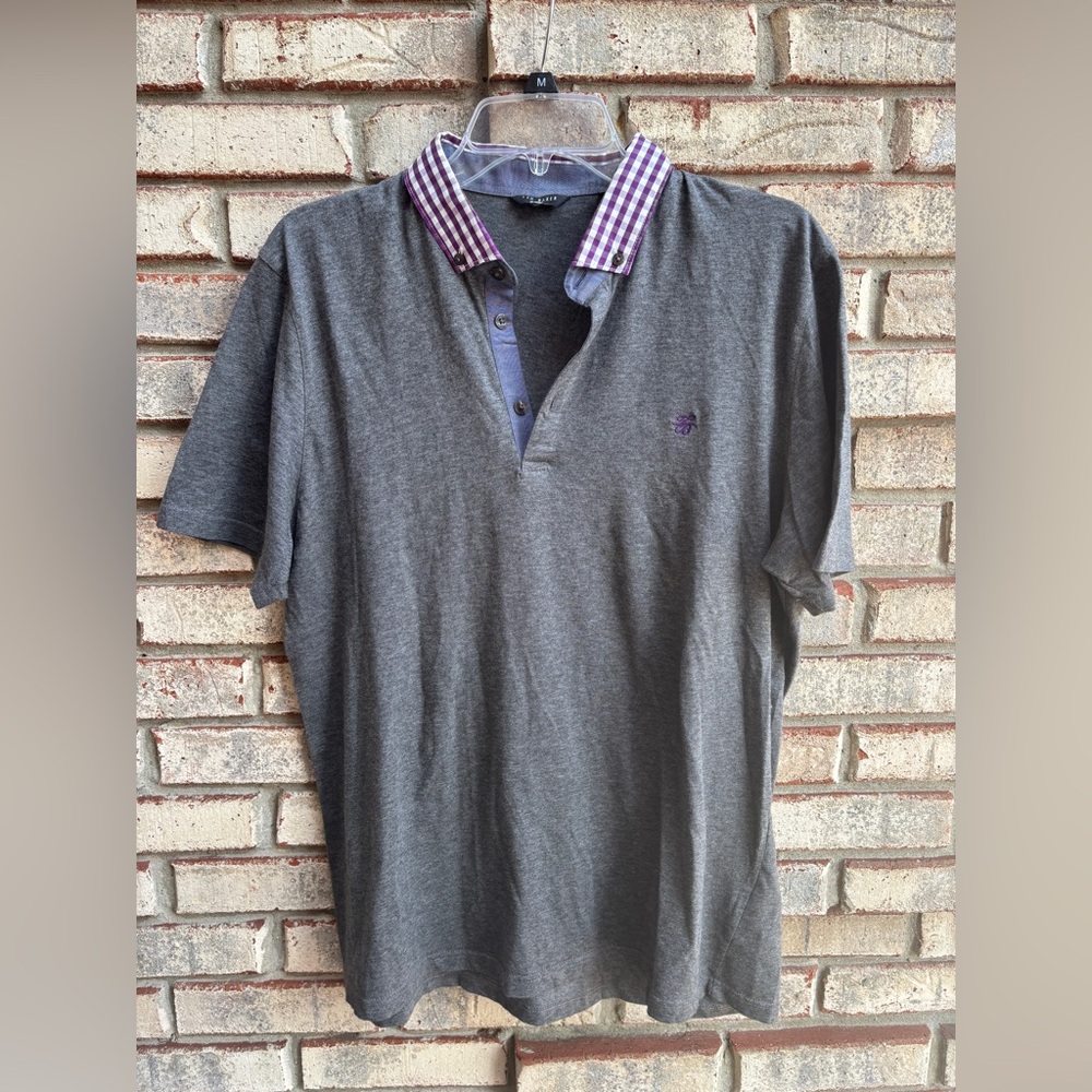 TED BAKER LONDON Men’s Polo Charcoal Gray Gingham Button-down Collar Size 5 - Picture 4 of 11